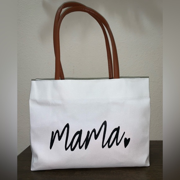 NWOT Mama with Heart Tote Bag / Shoulder Bag Canvas White with Brown Handles - Picture 4 of 7